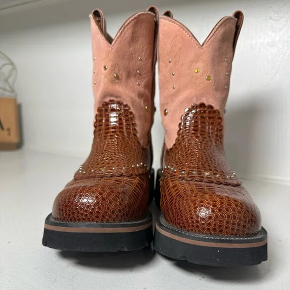 Ariat Fatbaby Boots Women’s 8B Brown Croc Embossed & Pink Leather Western Work - Picture 4 of 9